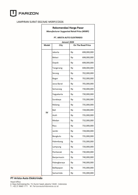 Pricelist Harga Farizon All Dealer Indoneisa - Promo Farizon Bandung